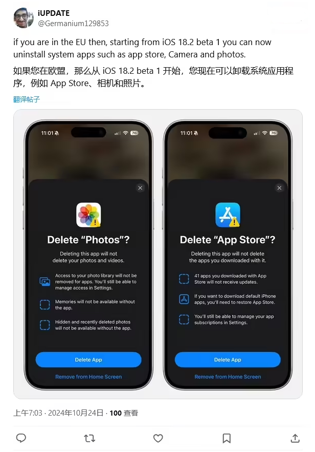 关岭苹果手机维修分享iOS 18.2 支持删除 App Store 应用商店 