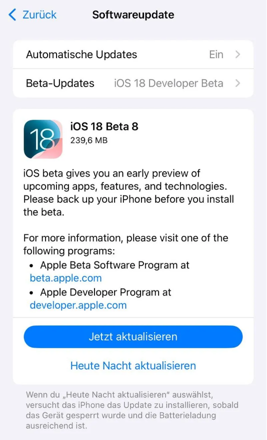 关岭苹果手机维修分享苹果 iOS / iPadOS 18 开发者预览版 Beta 8 发布 